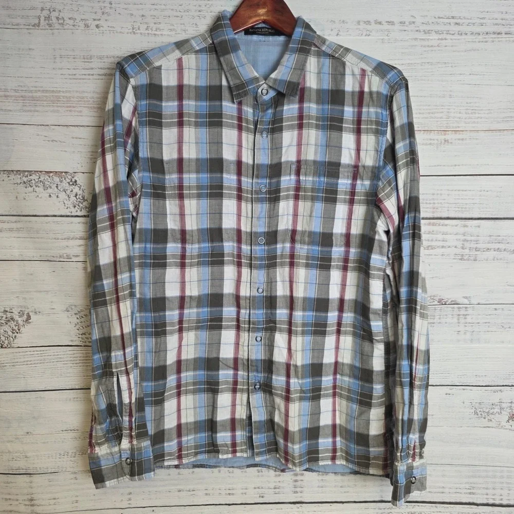 Banana Republic Camden Fit Reversible Shirt Mens Medium Plaid Blue Grey Cotton